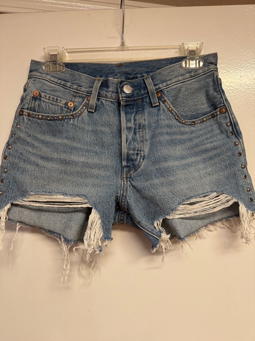 Levi's Light Blue Distressed Denim Cutoff Shorts with Studs